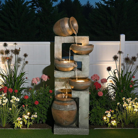 50.4" H Large Garden Fountains Outdoor, 5-Tier Cascading Rustic Style Bowl Water Fountain and Waterfall Feature with Light and Pump for Garden, Patio, Deck, Porch, Home Décor, Gray&Brown