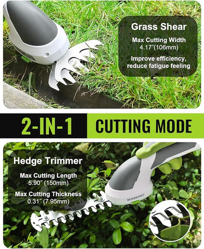 WORKPRO Cordless Grass Shear & Shrubbery Trimmer - 2 in 1 Handheld Hedge Trimmer 7.2V Electric Grass Trimmer Hedge Shears/Grass Cutter Rechargeable Lithium-Ion Battery and Type-C Cable Included