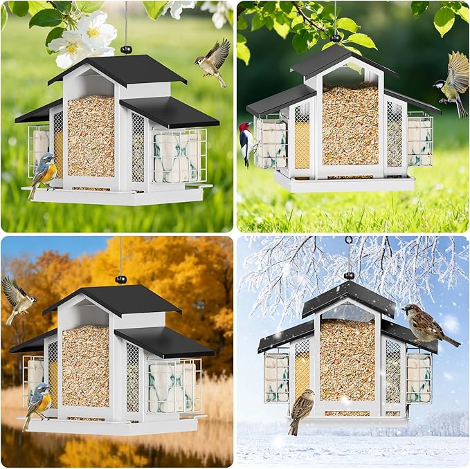 White Metal Bird Feeder Birdhouse, Outdoor Hanging Wild Bird Feeders for Outdoors, Perfect Birdhouses for Outside Bird Lovers
