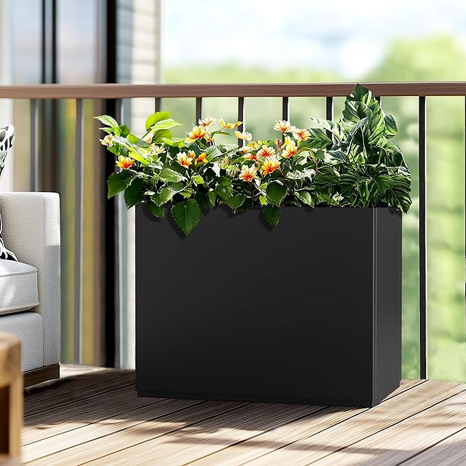 Large Rectangle Planter Metal Black Planter Box with a Drainage Hole and a Removable Divider Indoor Outdoor Porch Pots for Tall Plants, Trees, Flowers 35.43" x 9.06" x 25.59" Black