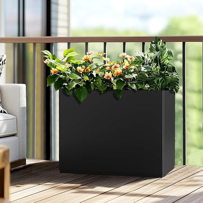 Large Rectangle Planter Metal Black Planter Box with a Drainage Hole and a Removable Divider Indoor Outdoor Porch Pots for Tall Plants, Trees, Flowers 35.43" x 9.06" x 25.59" Black