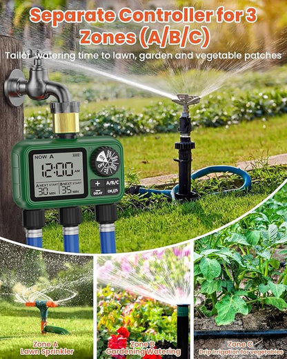 3 Outlet Sprinkler Timer Brass, XinFuture Programmable Water Sprinkler Controller for Yard, Lawn & Greenhouse, Automatic/Manual/Rain Delay Mode, Compatible with Drip Irrigation Systems