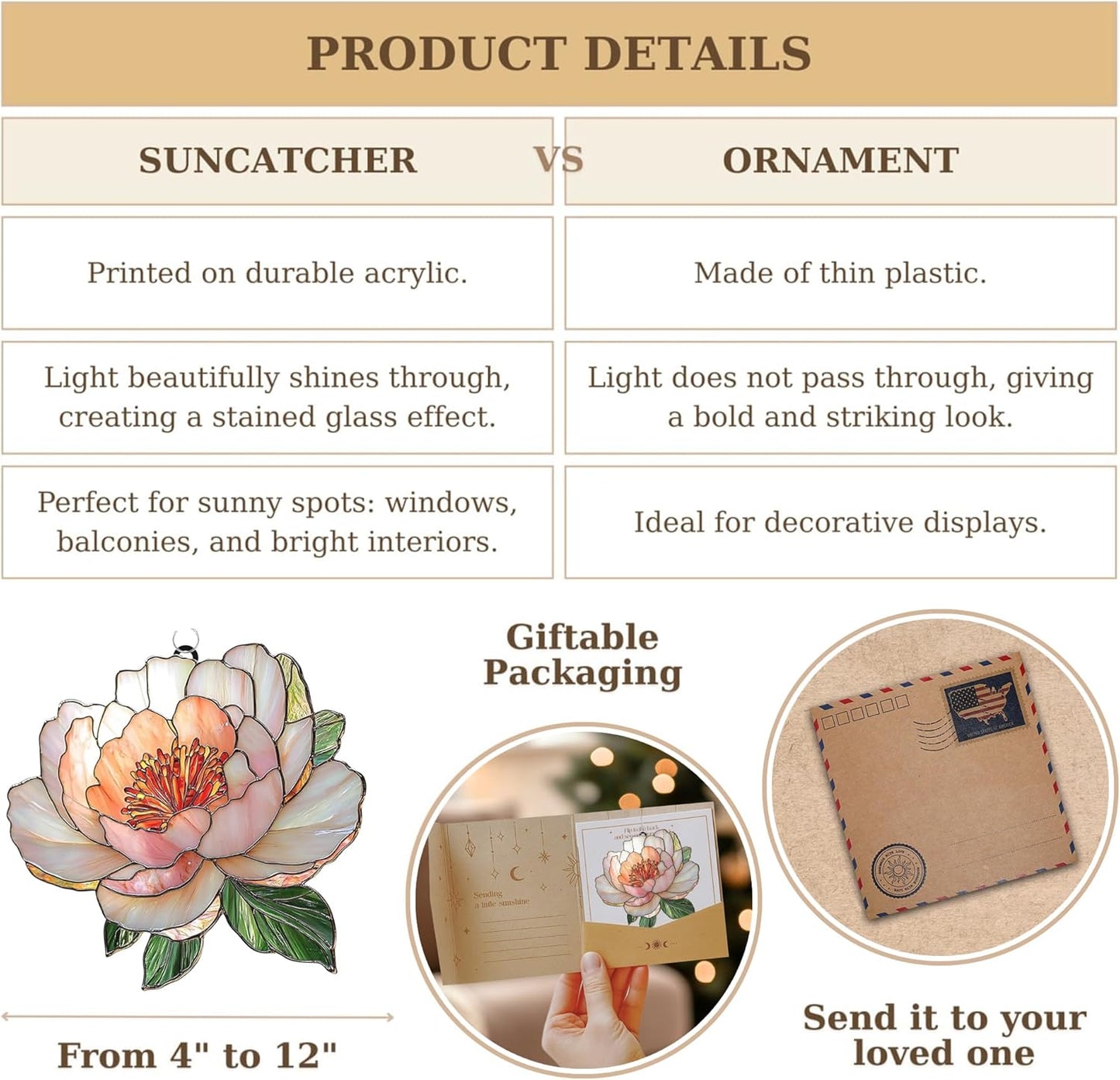 Peony November Birth Flower Acrylic Suncatcher Stained Glass Effect Window Car Hanging Christmas Ornament Indoor Outdoor Decor Garden Sun Catcher for Flower Lover for Women Mom Grandma