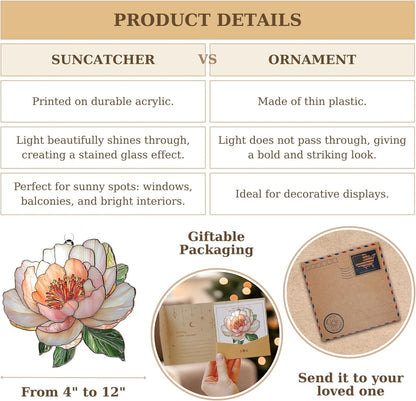 Peony November Birth Flower Acrylic Suncatcher Stained Glass Effect Window Car Hanging Christmas Ornament Indoor Outdoor Decor Garden Sun Catcher for Flower Lover for Women Mom Grandma