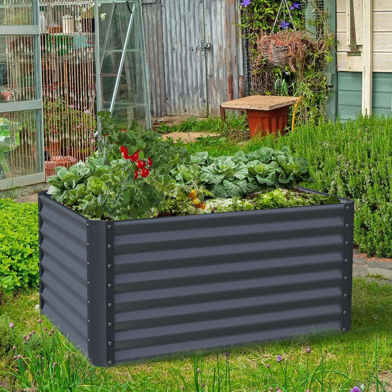 Galvanized Raised Garden Bed Box Planter for Outdoor Plants - Extra Tall 24" Metal Garden Boxes for Vegetables - 48"X36"X24", Midnight Grey