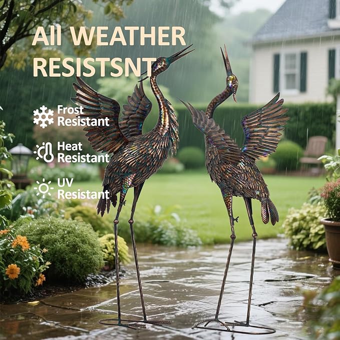 Natelf Garden Crane Statues, Outdoor Large Bird Yard Art Decorations Metal Lawn Ornament for Home Patio Porch Backyard Decorations(Set of 2)