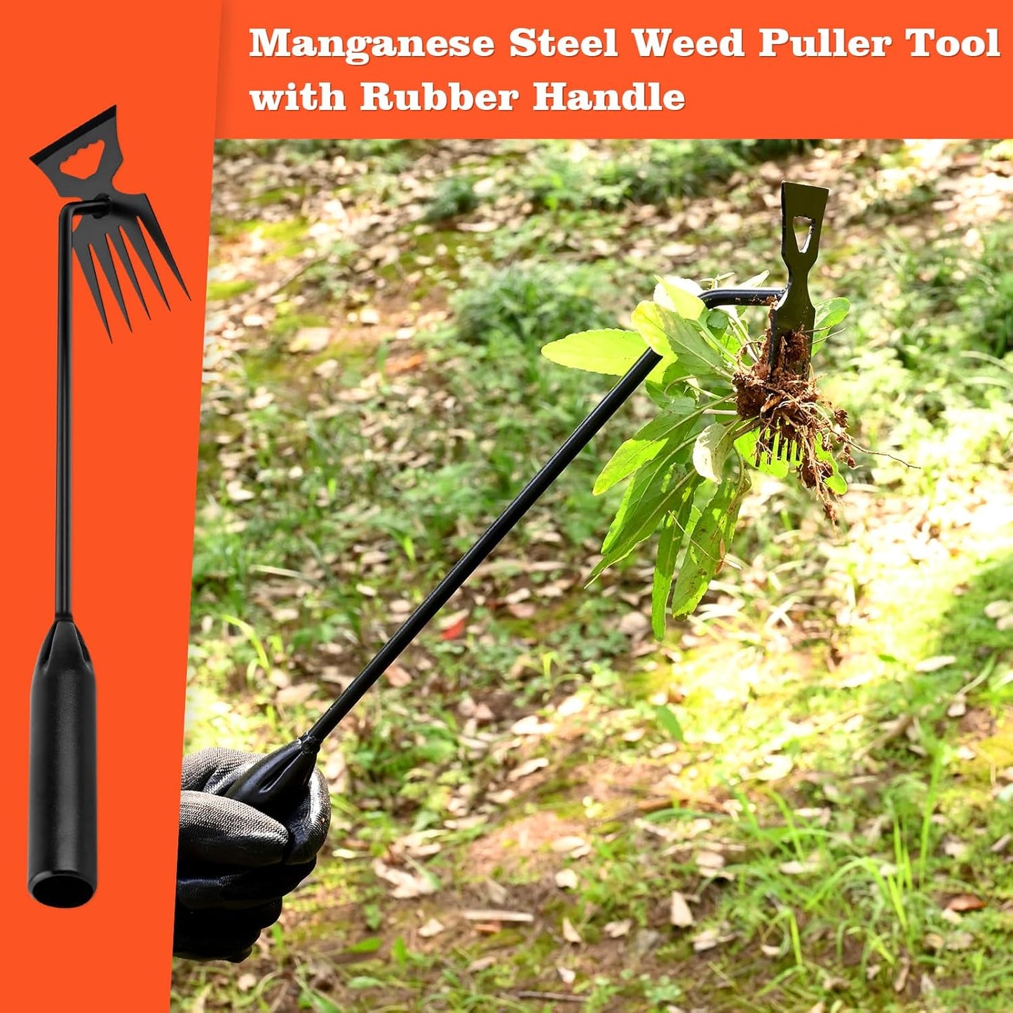 Weed Puller Tool Garden Weed Pulling Tool, 4-Tine Manganese Steel Weeder Tool - Black Coated Forged Portable Garden Hand Weeder for Farm, Orchard & Garden (2Pack)