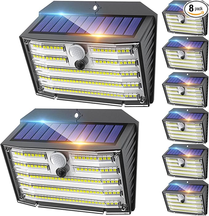 CLAONER Solar Lights Outdoor [𝟖 𝐏𝐚𝐜𝐤/126 LED], Wireless Motion Sensor Lights, IP65 Waterproof Security Lights 3 Modes, 270° Lighting Angle, Ultra-Bright Wall Lights for Deck Patio Fence Garage