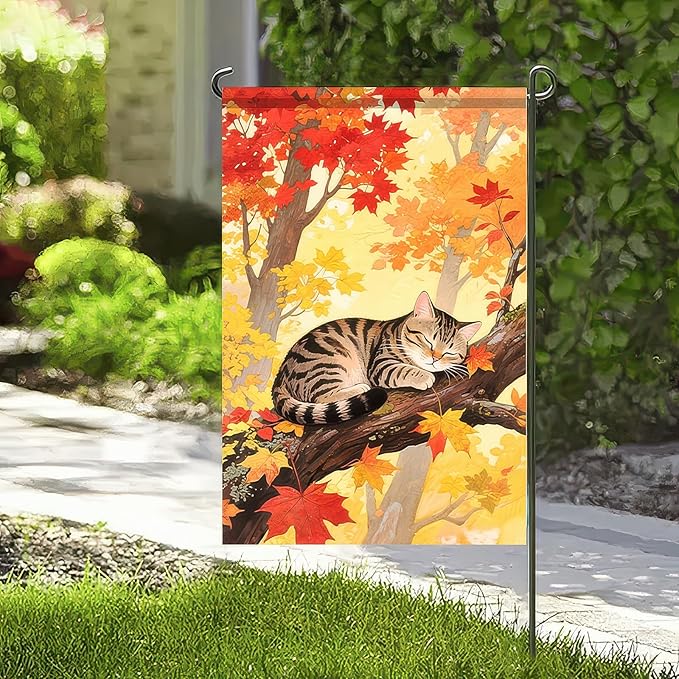 Thanksgiving Fall Garden Flag 12x18 Inch Welcome Tabby Cat Flag Double Sided Outdoor Autumn Yard Banner Sleeping Kitty and Colorful Leaves for Porch Lawn Patio Seasonal Decor