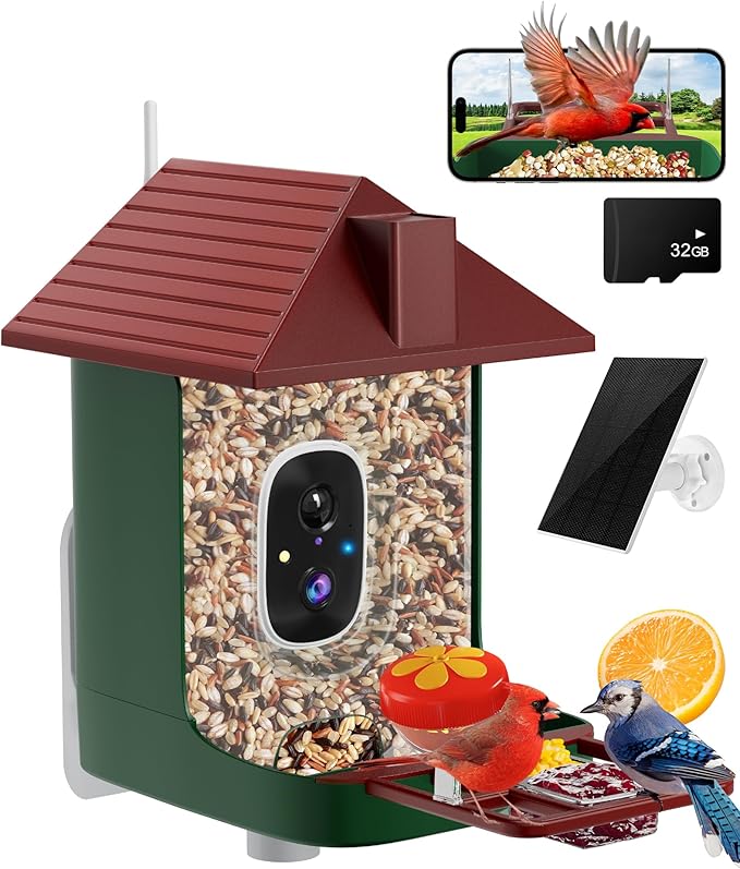 Smart Bird Feeder with Camera,5200mAh Battery with Solar Panel, 4K Native Resolution Live View, AI Species Identification, Auto Capture & Instant Arrival Alert, Ideal Gift for Bird Lovers (Red Green)