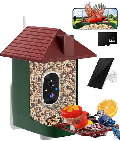 Smart Bird Feeder with Camera,5200mAh Battery with Solar Panel, 4K Native Resolution Live View, AI Species Identification, Auto Capture & Instant Arrival Alert, Ideal Gift for Bird Lovers (Red Green)
