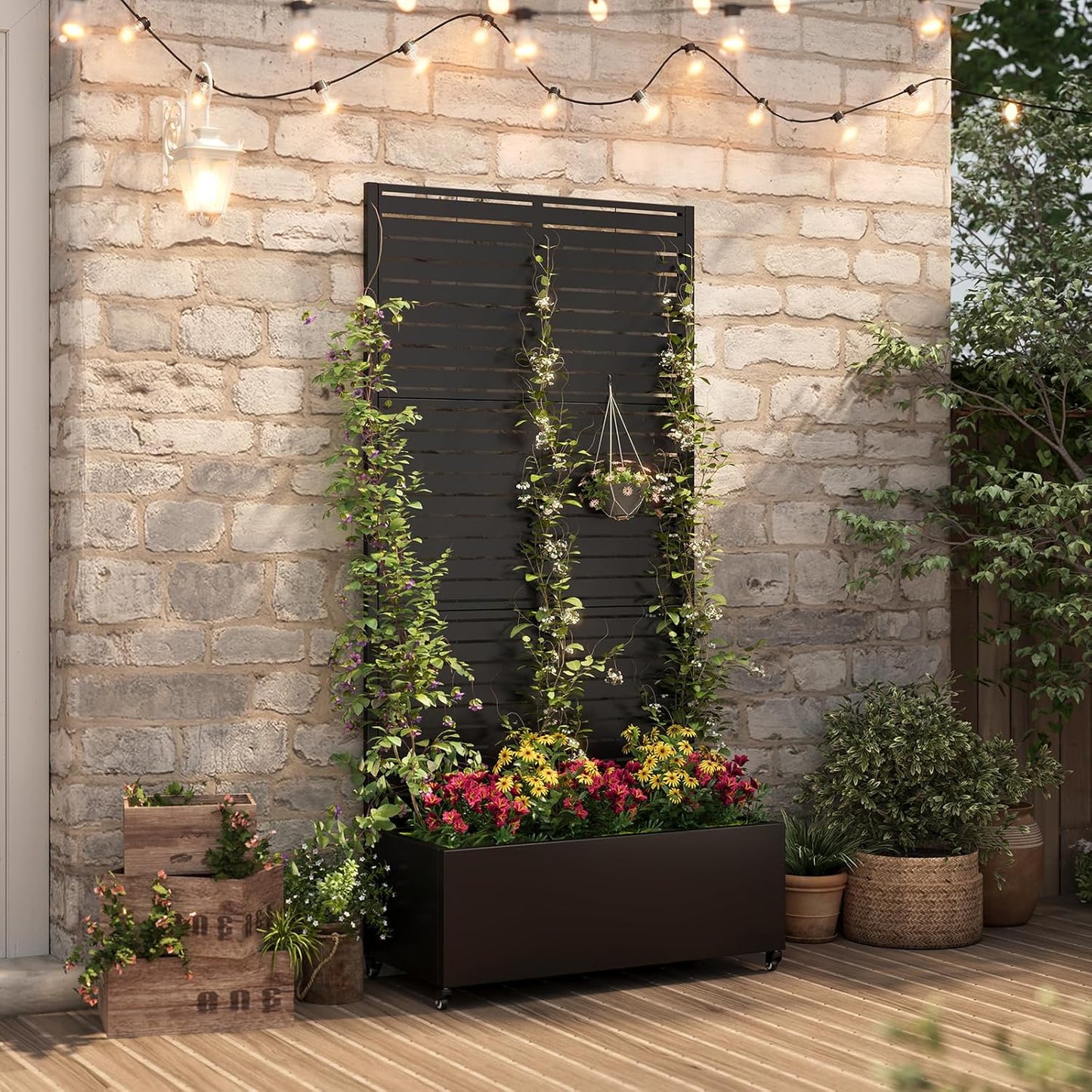 Metal Raised Garden Bed with Trellis & Wheels,72" x 35"x 15.7" Planter Box with Trellis,Privacy Planters for Patio,Garden Bed for Climbing Plants,Suitable for Climbing Plants and Vegetables,Black