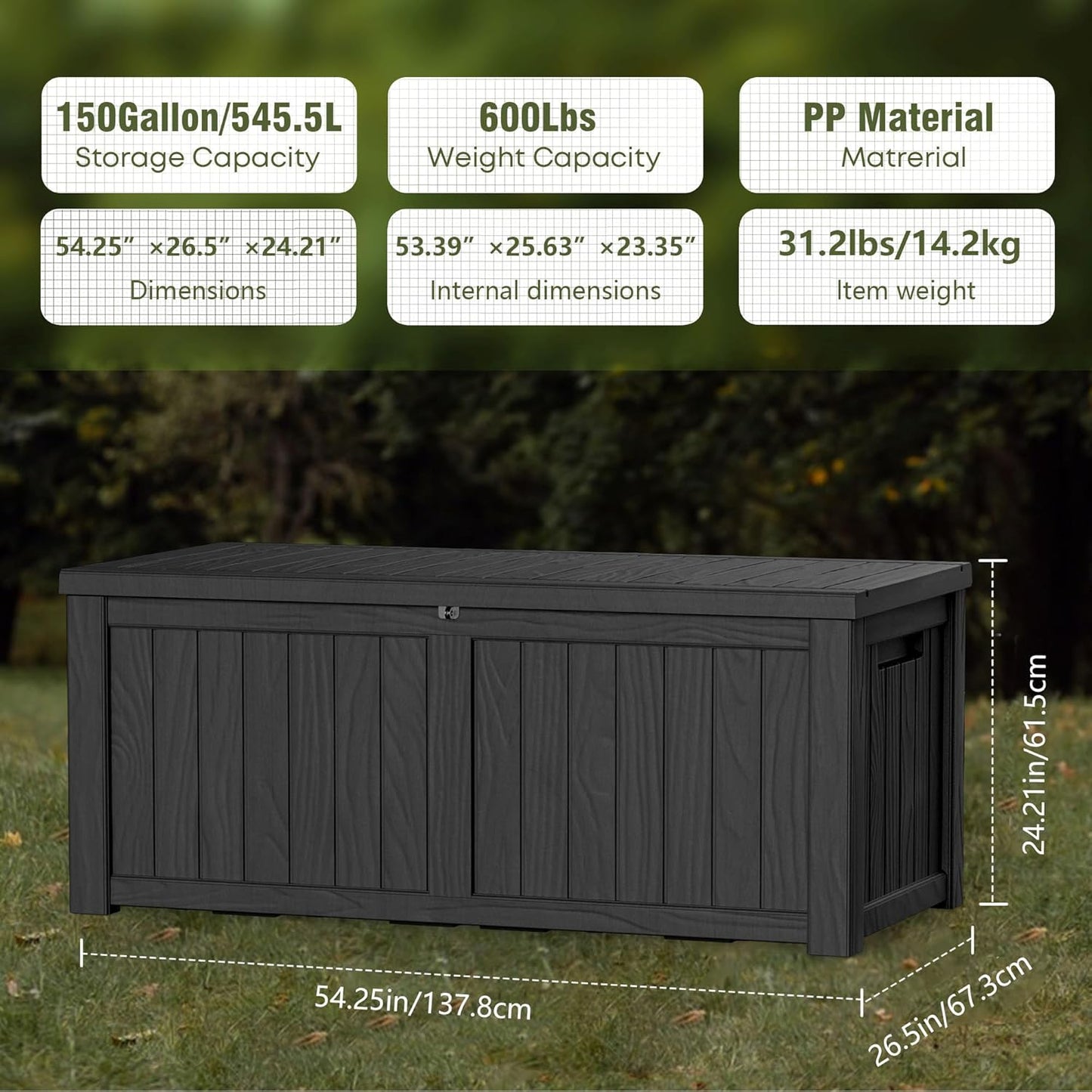 TARKARI 150 Gallon Lockable Resin Deck Box, Waterproof & UV-Resistant Outdoor Storage Box for Outdoor Cushion Storage, Garden Tools & Pool Accessories Storage, Black