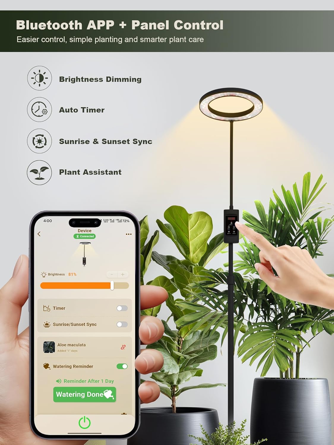 GLOWRIUM Smart Grow Lights for Indoor Plants, 24W Full Spectrum Plant Lights, Bluetooth App & Manual Control, Adjustable Height 47-70.9", Auto Timer, Indoor Plant Lamp for Tall Indoor Plants