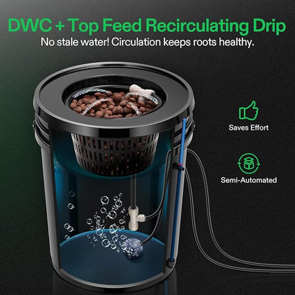 VIVOSUN DWC Hydroponics Grow System with Top Drip Kit, 5-Gallon Deep Water Culture, Recirculating Drip Garden System with Multi-Purpose Air Hose, Air Pump, and Air Stone (1 Bucket + Top Drip Kit)