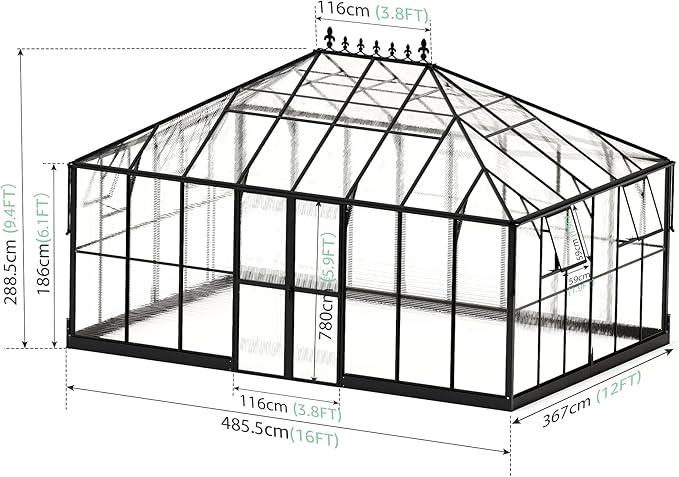 Jocisland 16x12x9.5 FT Polycarbonate Greenhouse- 6 FT Wall Height Outdoor Aluminum Greenhouses with 2 Ventilation and Rain Gutter, Double Doors with Hook, Walk-in Greenhouse for Backyard Garden