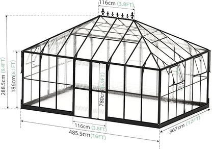 Jocisland 16x12x9.5 FT Polycarbonate Greenhouse- 6 FT Wall Height Outdoor Aluminum Greenhouses with 2 Ventilation and Rain Gutter, Double Doors with Hook, Walk-in Greenhouse for Backyard Garden