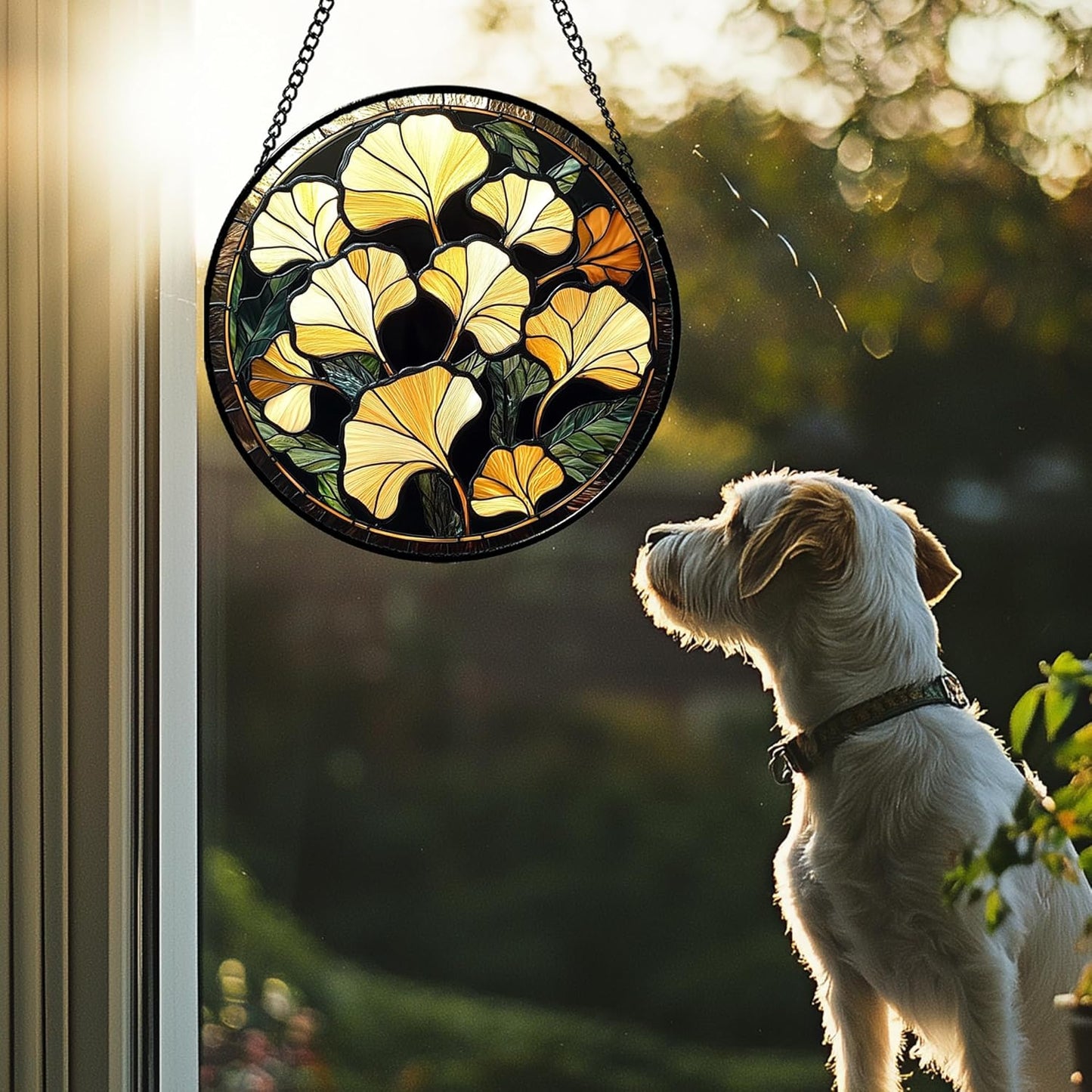Stained Glass Window Hanging - Ginkgo Leaf Suncatcher for Doors Garden Patio Retro Fall Decor Sun Catchers Christmas Mother's Day Birthday Gifts for Women Men Mom Nana Friend 9.8 in