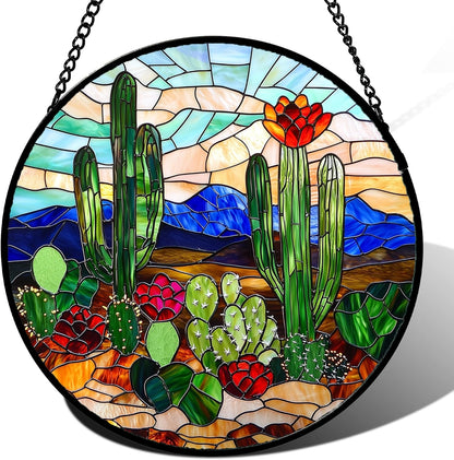 Stained Glass Window Hanging, Green Cactus Suncatcher for Doors Window Home Plant Landscape Sun Catchers Decoration Mother's Day Birthday Gifts for Women, Men, and Mom 7.8 in