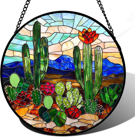 Stained Glass Window Hanging, Green Cactus Suncatcher for Doors Window Home Plant Landscape Sun Catchers Decoration Mother's Day Birthday Gifts for Women, Men, and Mom 7.8 in