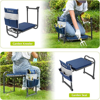ikkle Garden Kneeler and Seat Gardening Stool Kneeler Folding Gardening Bench with Thicker Detachable Kneeling Pad and Tool Store Pouches (Blue)