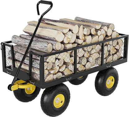 Metal Wagon - 900lbs Garden Cart with 10" Multi-Terrain Tires, 4 Removable Mesh Sides & 180° Swivel Handle, Yard Wagon Cart for Lawn, Yard, Patio Gardening