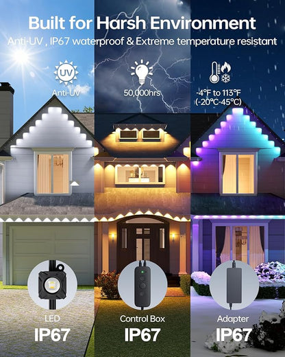 ASAHOM Permanent Outdoor Light Pro S108C, 150FT with 108 RGBCW 70lm LED, WLED Integration, AI Lighting, 30000 Lighting Effect Combination, IP67 Waterproof for Halloween Christmas Daily Decor, Black