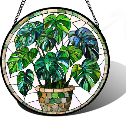 Stained Glass Window Hanging, Green Plant Monstera t Suncatcher Diamond Colorful Glass Panel Sun Catchers Decor for Birthday for Women, Men, Wife, Aunt, and Mom 11.8x11.8 in