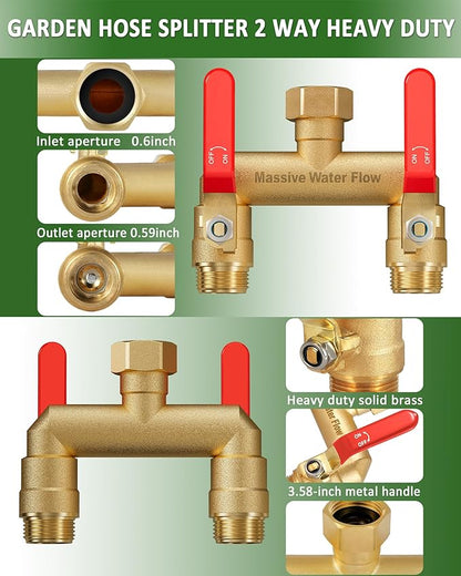 Hose Splitter 2 Way Heavy Duty, Full Flow Garden Hose Splitter with 2 Long Metal Handles, Brass Rust and Freeze Resistant Water Hose Bib Splitter, T Adapter Connector with 3/4 - Inch GHT Thread（Red）