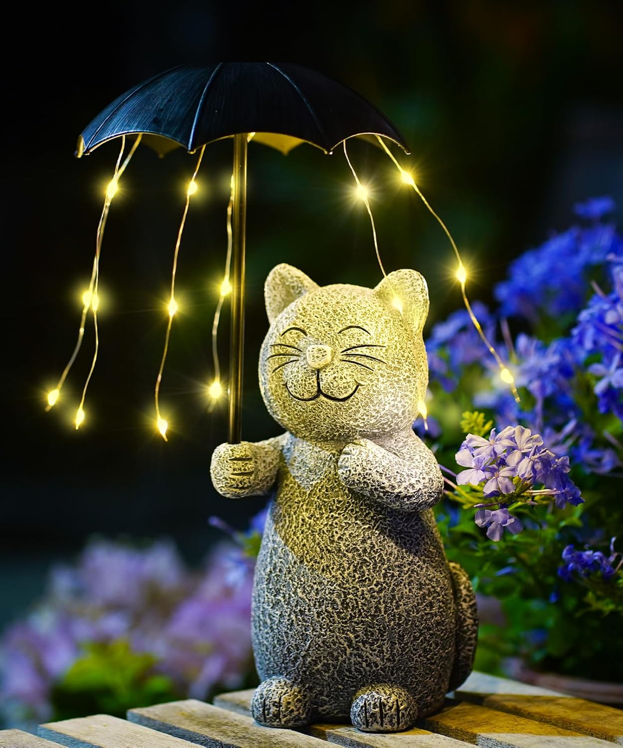 Nacome Solar Cat Garden Statues Outdoor Decor: Holding Umbrella with String Lights Patio Yard Lawn Outside Decorations - Birthday Gifts for Mom Grandma Women Sister(Grey)