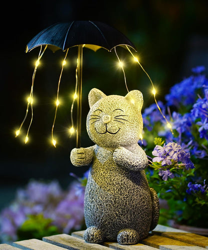 Nacome Solar Cat Garden Statues Outdoor Decor: Holding Umbrella with String Lights Patio Yard Lawn Outside Decorations - Birthday Gifts for Mom Grandma Women Sister(Grey)