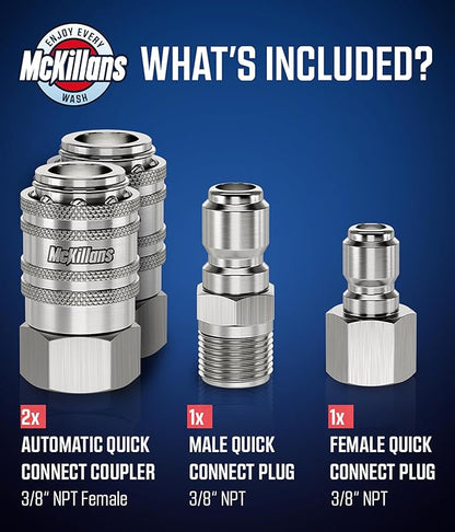 McKillans® 3/8" NPT Automatic Pressure Washer Quick Connect Kit of 4 - Stainless Steel - 3/8" Pressure Washer Quick Connect Fittings - Power Washer NPT 3/8" - PUSH-TO-CONNECT - Upgraded Viton O-Rings