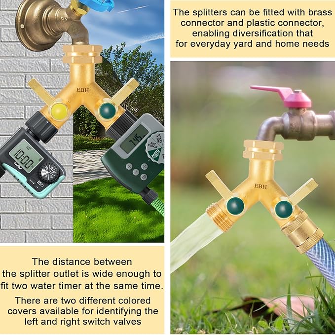 EBH Garden Hose Splitter, 2 Way Heavy Duty Hose Splitter with Shutoff Valves, Outdoor Faucet Y Spigot Adapter, 3/4" GHT Thread And Extra Long Metal Handle.