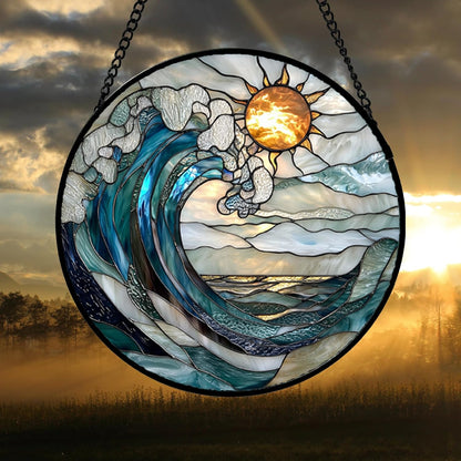 Stained Glass Window Hanging, Blue and White Waves Suncatcher Diamond Glass Panel Landscape Sun Catchers Decor for Birthday for Women, Men, Wife, Aunt, and Mom 14.9x14.9 in