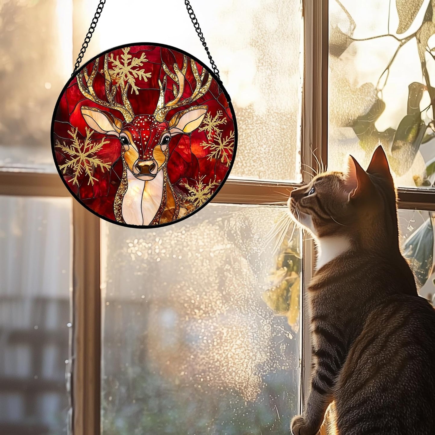 Stained Glass Window Hanging 4 Pcs Set Red Golden Snowflakes Large 15" - Christmas Elk Rabbit Suncatcher Door Garden Sun Catcher Decor Birthday for Mom Woman Nana Men
