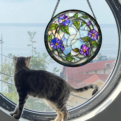 Stained Glass Window Hanging, Purple Morning Glory Flowers Suncatcher for Doors Window Home Plant Sun Catchers Decoration Mother's Day Birthday Gifts for Women, Men, and Mom 9.8x9.8 in