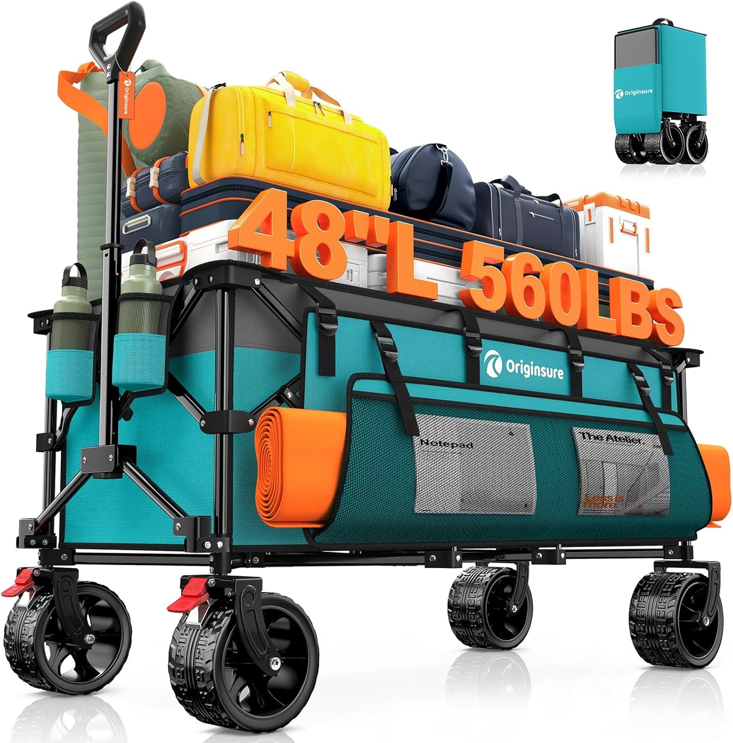 48" L Collapsible Wagon Cart Foldable, 560lbs Weight Capacity 300L Heavy Duty Folding Beach Wagons with Big All-Terrain Wheels, Utility Carts for Groceries, Shopping, Camping, Sports - Grey&Turquoise