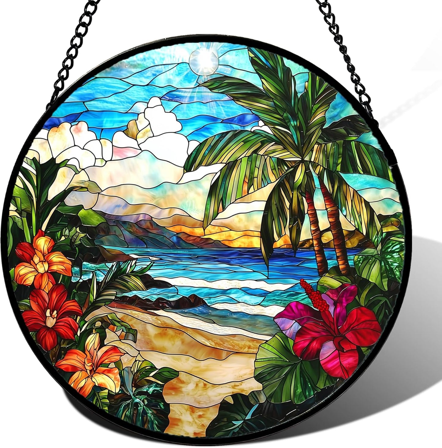 Stained Glass Window Hanging, Blue Beach Scenery Suncatcher Diamond Glass Panel Hangings Sun Catchers Decor for Birthday for Women, Men, Wife, Aunt, and Mom 14.9x14.9 in