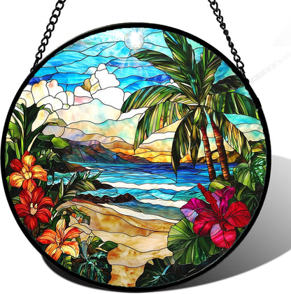 Stained Glass Window Hanging, Blue Beach Scenery Suncatcher Diamond Glass Panel Hangings Sun Catchers Decor for Birthday for Women, Men, Wife, Aunt, and Mom 14.9x14.9 in