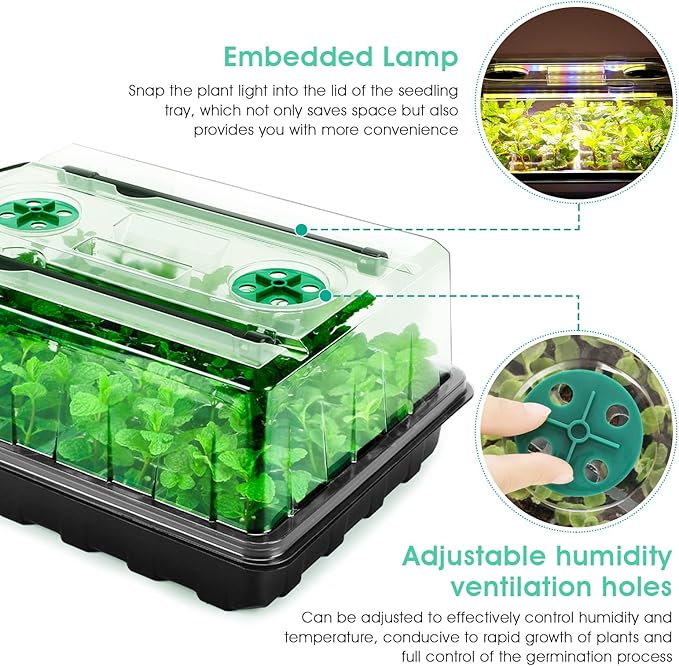 Seed Starter Tray with Grow Light, 96-Cell Seed Starter Kit, Seedling Starter Trays with Humidity Domes, Automatic Timer, Adjustable Light Indoor Gardening Plant Germination Trays