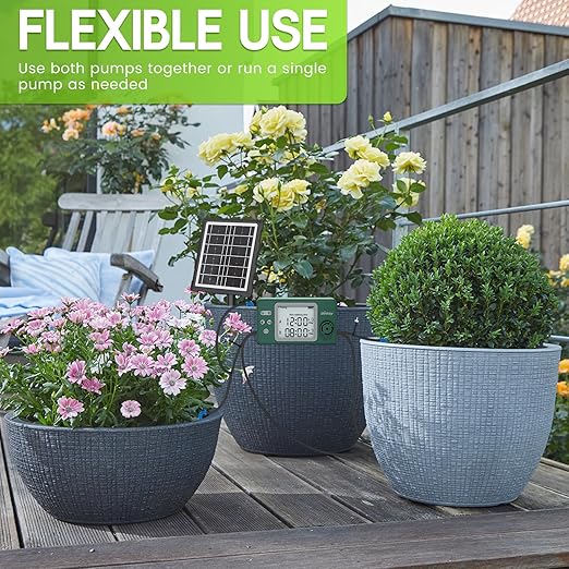 Solar Powered Dual Pump Drip Irrigation Kit for Outdoor Indoor Plants, 2-Zone Smart Self-Watering System with USB Charging, Automatic Plant Waterer for Garden Patio Balcony Vacation