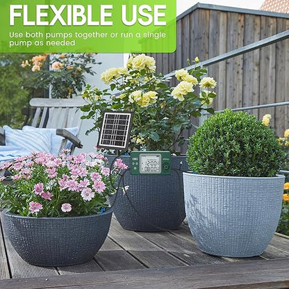 Solar Powered Dual Pump Drip Irrigation Kit for Outdoor Indoor Plants, 2-Zone Smart Self-Watering System with USB Charging, Automatic Plant Waterer for Garden Patio Balcony Vacation