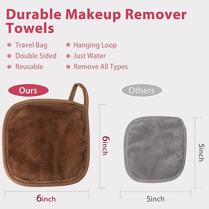 Makeup Remover Cloth, 6" x 6" Make Up Towels Reusable Face Cloth for Washing Face, Makeup Remover Pads Microfiber Face Washcloth with Mesh Bag, Just Water, 12 Pack, Brown