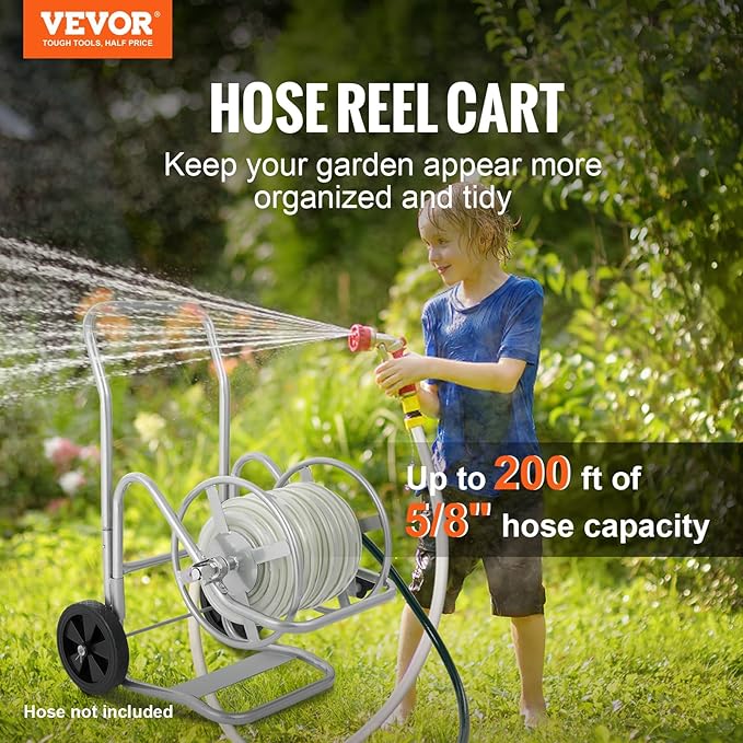 VEVOR Hose Reel Cart, Hold Up to 200 ft of 5/8 in Hose (Hose Not Included), Garden Water Hose Carts Mobile Tools with Wheels, Heavy Duty Powder-Coated Steel Outdoor Planting for Garden, Yard, Lawn