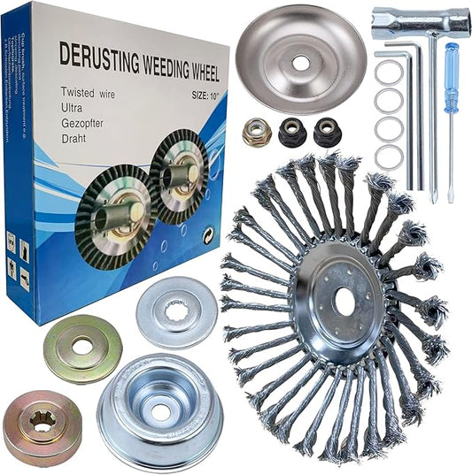 10 Inch Steel Wire Rotary Brush Cutter Trimmer Head Sets Weed Blade Cutter with Adapter Kit Compatible with Stihl, Husqvarna,String Trimmers, Gardening Lawnmower, Moss Grass Rust Removal