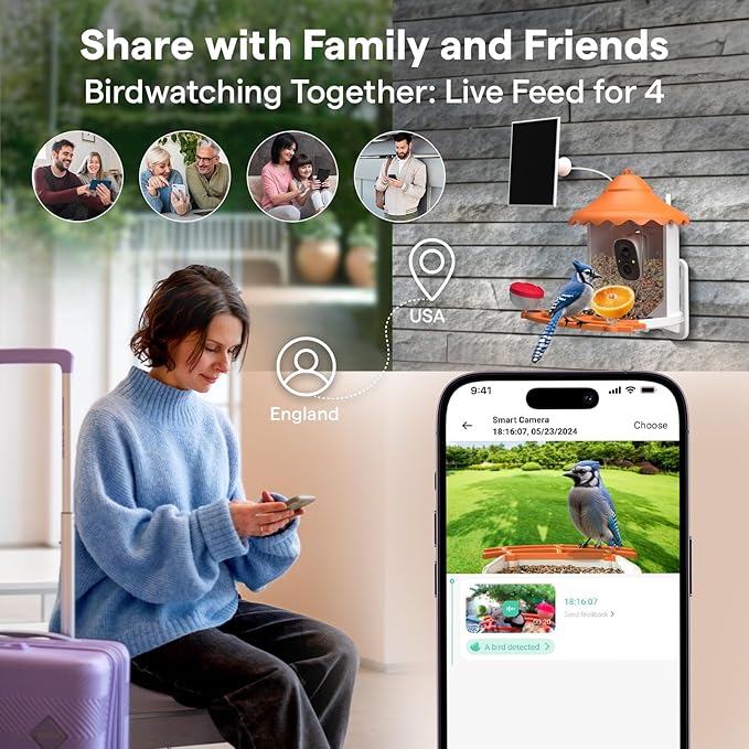 BirdsView Bird Feeder with 2K Ai Camera, Solar Panel, Hummingbird Feeder, Bird House, Live Alerts & Species Recognition – Ideal for Bird Lovers