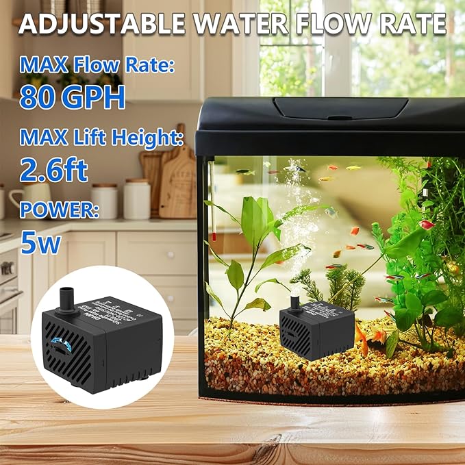 80GPH 2Packs Mini Submersible Water Pump, Small Fountain Pump for Ponds, Aquariums, Fish Tanks, Tabletop Fountains, Pet Fountains, Water Features