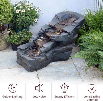 Outdoor Water Fountain 3-Tier Floor Standing Rainforest Rock River Natural Waterfall Fountains with LED Lights for Garden, Patio, Porch, Home Art Decor, 30" L