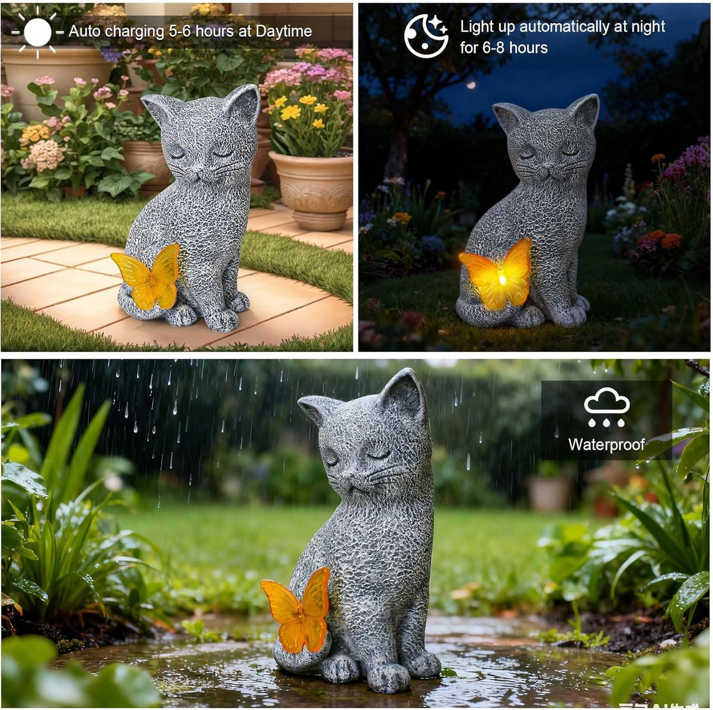 Solar Cat Garden Statue with Butterfly Light, Outdoor Garden Decor Cat Figurines Ornaments for Home Patio Yard Balcony Lawn, Cats Lover Gifts for Women, Mom, Grandma