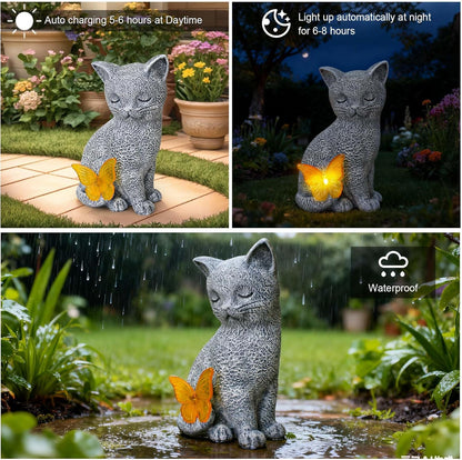 Solar Cat Garden Statue with Butterfly Light, Outdoor Garden Decor Cat Figurines Ornaments for Home Patio Yard Balcony Lawn, Cats Lover Gifts for Women, Mom, Grandma